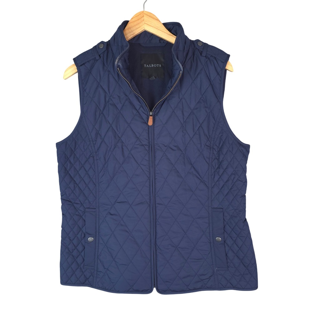 Talbots Quilted Vest Women Large Navy Blue Diamond Fleece Lined Full Zip